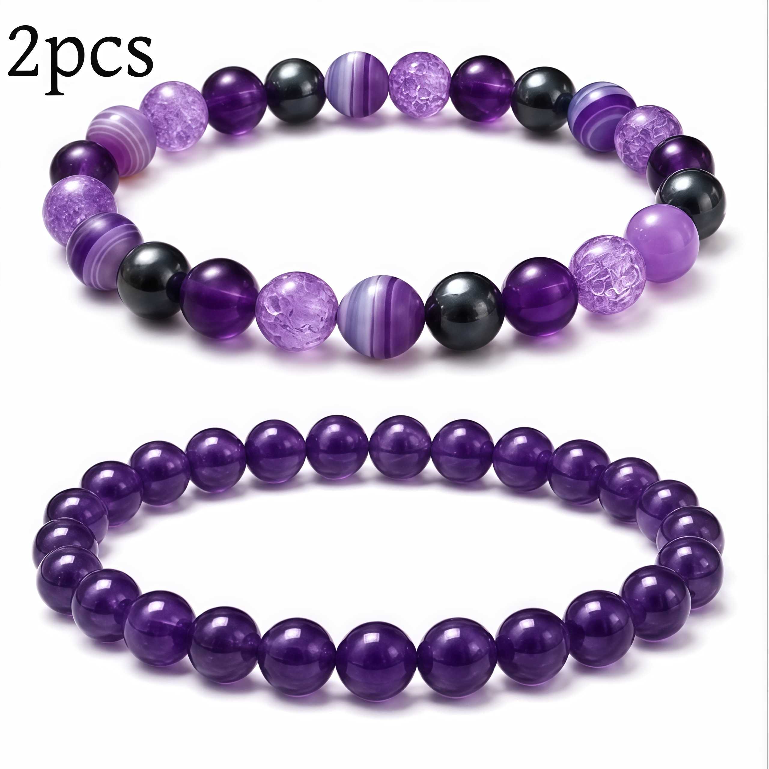 TEMU 2pcs Natural Amethyst Agate Bracelet | Enhances And , Hand-woven Elastic Cord Unisex Bracelet, Suitable For Daily Wear And Symbolizes Good Luck,