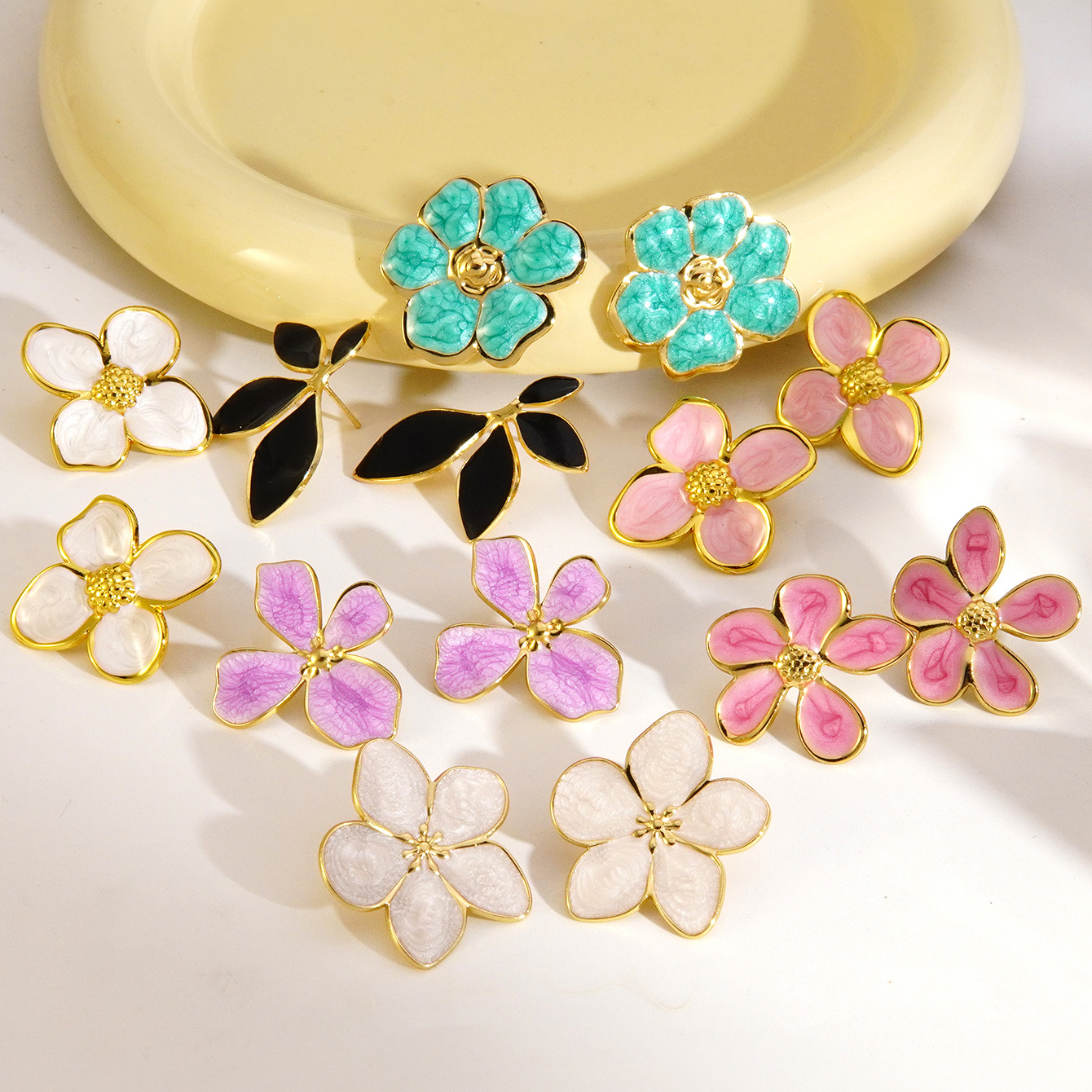 TEMU A 14pcs Set Of Elegant And Sweet Enamel-coated Colored Stainless Steel Earrings, Suitable For Women's Fashionable Commuting Or Banquet Wear, Or