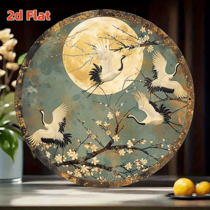 TEMU 8-inch Japanese Crane And Cherry Aluminum Wall Art - High-quality Rust-resistant Vintage Zen Design, Night Sky Theme, Suitable For Living Room,