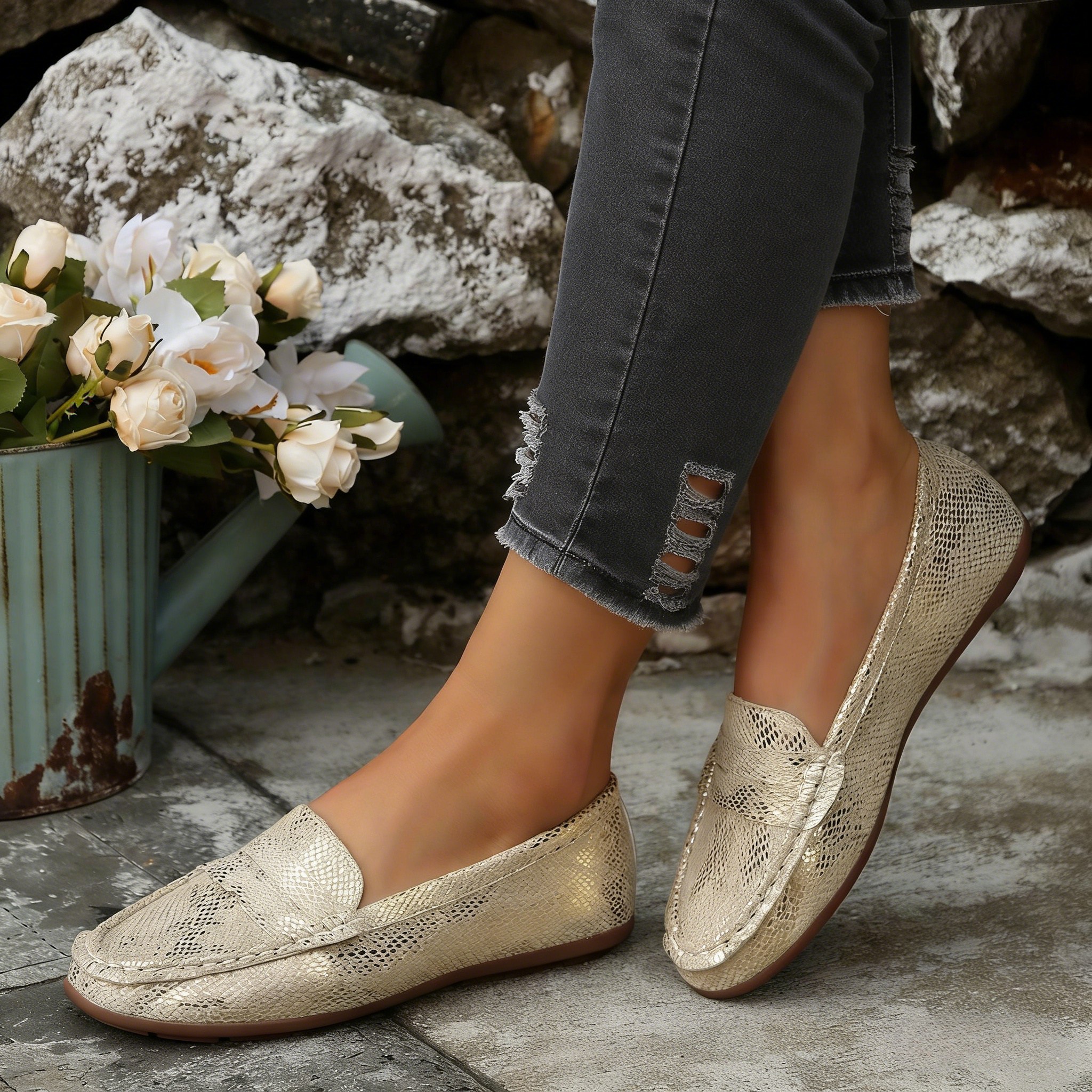 TEMU Nieuwe dames European Size Plus Size Fashion nieuwe platte loafers, modieuze makkelijke casual lichtgewicht, dagelijkse woon-werkkleding, gouden
