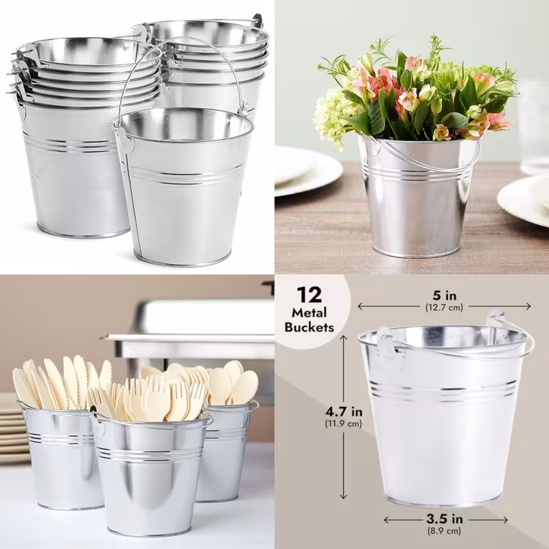 12pcs pack rustic galvanized metal buckets with handles heavy duty small tin pails suitable for party decorations farmhouse decor wedding favors flower pots Product details 0