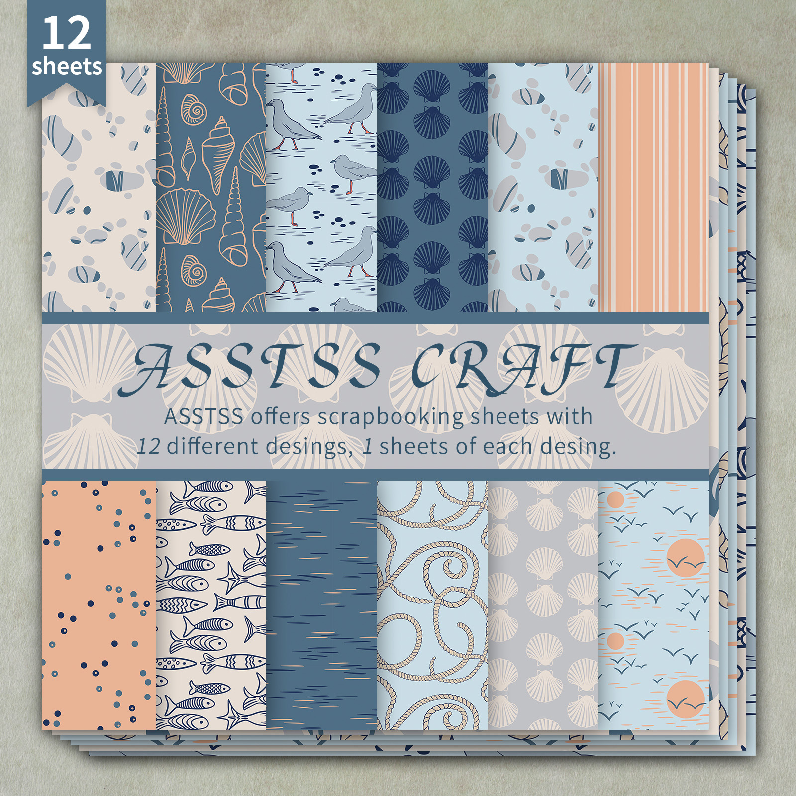 TEMU 12-vloezen ASSTSS 6*6-inch scrapbooking papierblok, met een kust strand schelp zomerse nautische stijl, perfect voor diverse knutselbehoeften