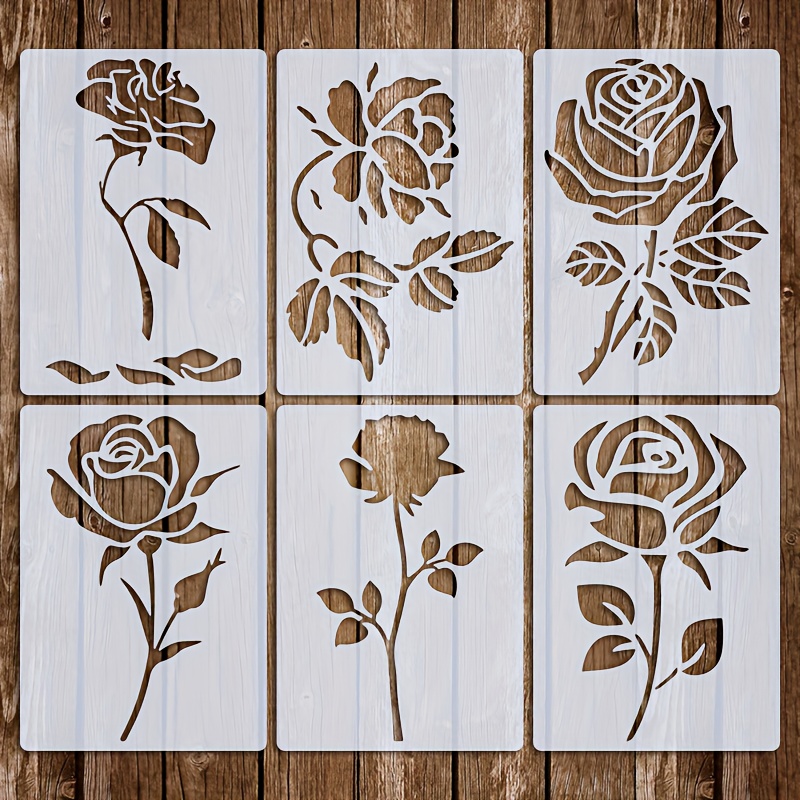 TEMU Set Of 6 Rose Pattern Stencils, Suitable For Crafts, Fabric, Canvas, Wooden Wall Art, Journaling, Furniture, And Home Decor - Made From Pet