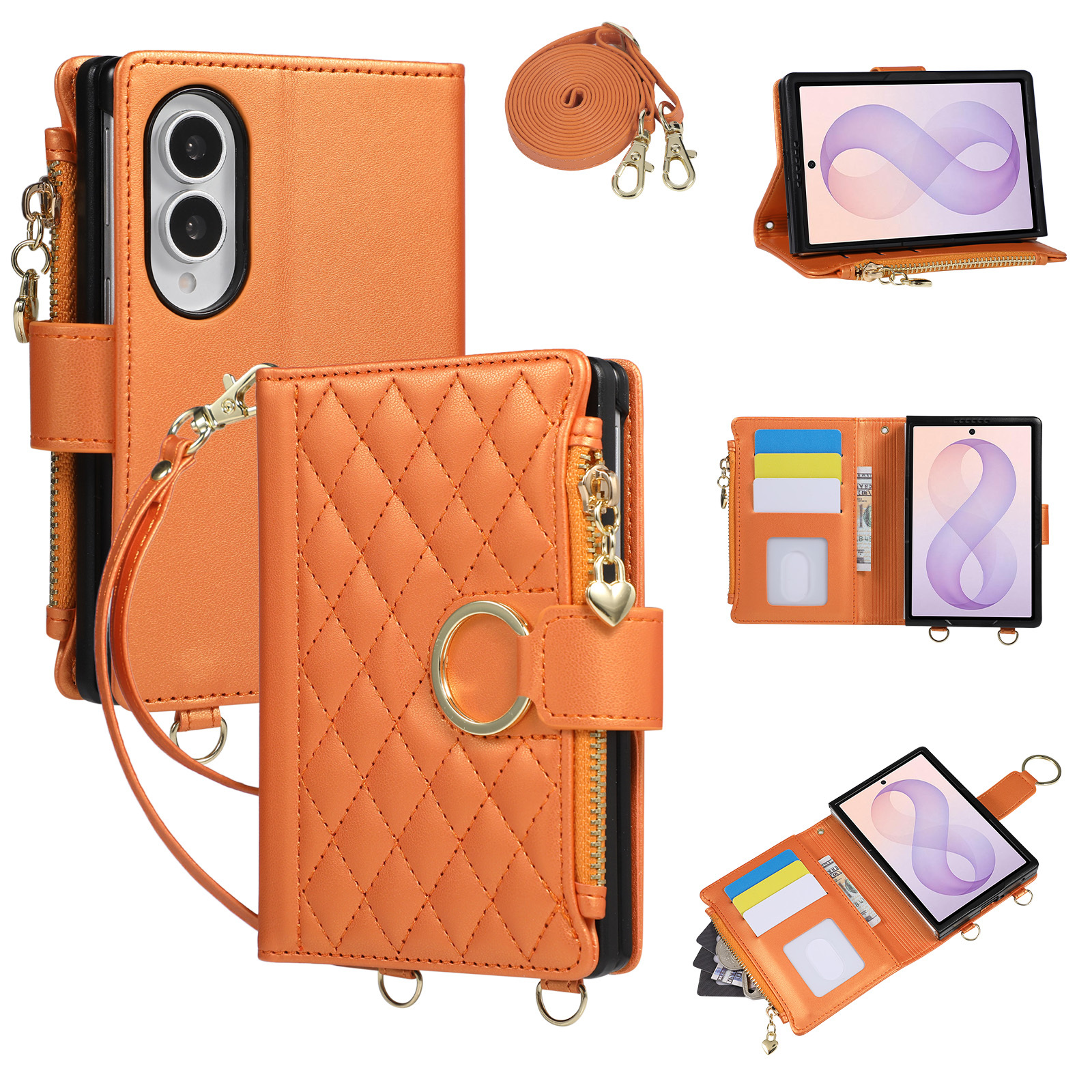 TEMU Phone Case: Rhombus Quilted Pu, Magnetic Snap Closure, Multiple Card Slots, Coin Zipper Pouch, Stand Function, Finger Ring Loop, Detachable