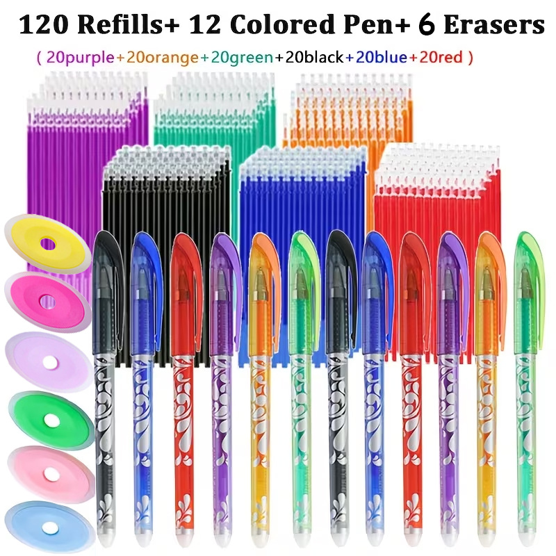 TEMU Set de 138 pièces effaçables en couleur (12 stylos gel + 120 recharges + 6 gommes) Encre six couleurs bleu/noir/rouge/violet/vert/orange 0,5 mm,