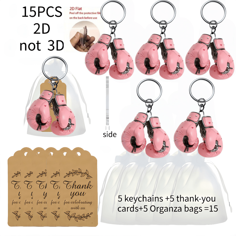 TEMU 2d Flat, 15pcs Glove Keychains - Includes (5pcs 2d Design Acrylic Keychains, 5pcs Thank You Cards, And 5pcs Gift Organza Bags) For Handbags, Car