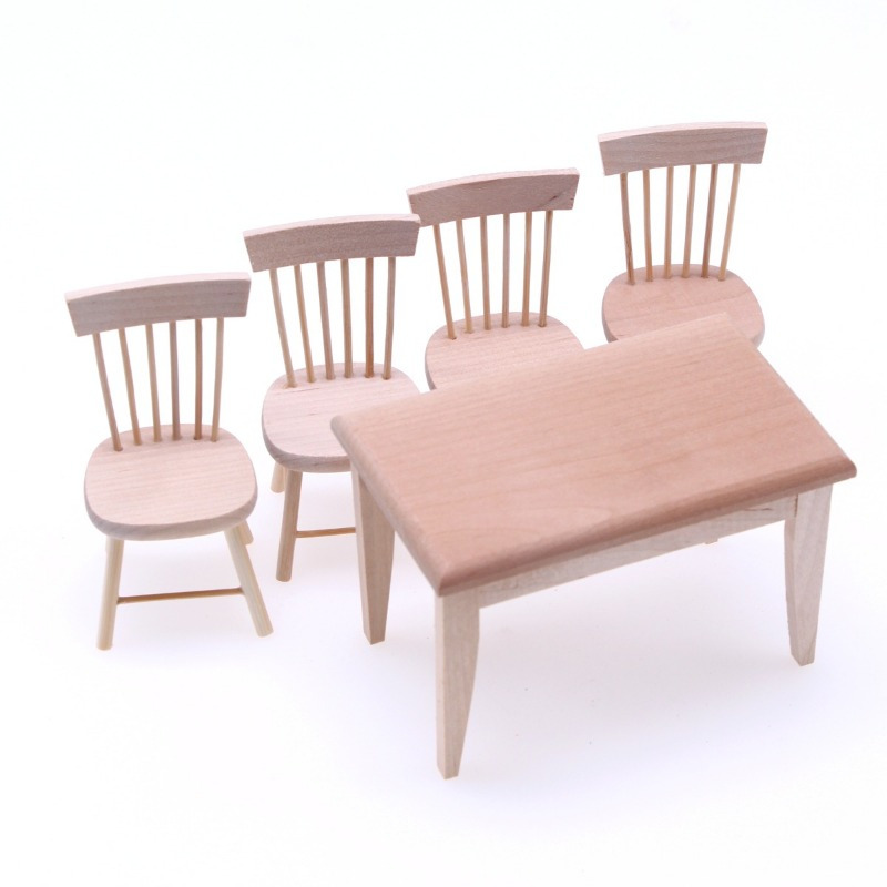 5pcs   miniature wooden dining set 1 12 scale table chairs natural finish ideal for   decor gifts for valentines new year easter miniature wooden boxes details 2