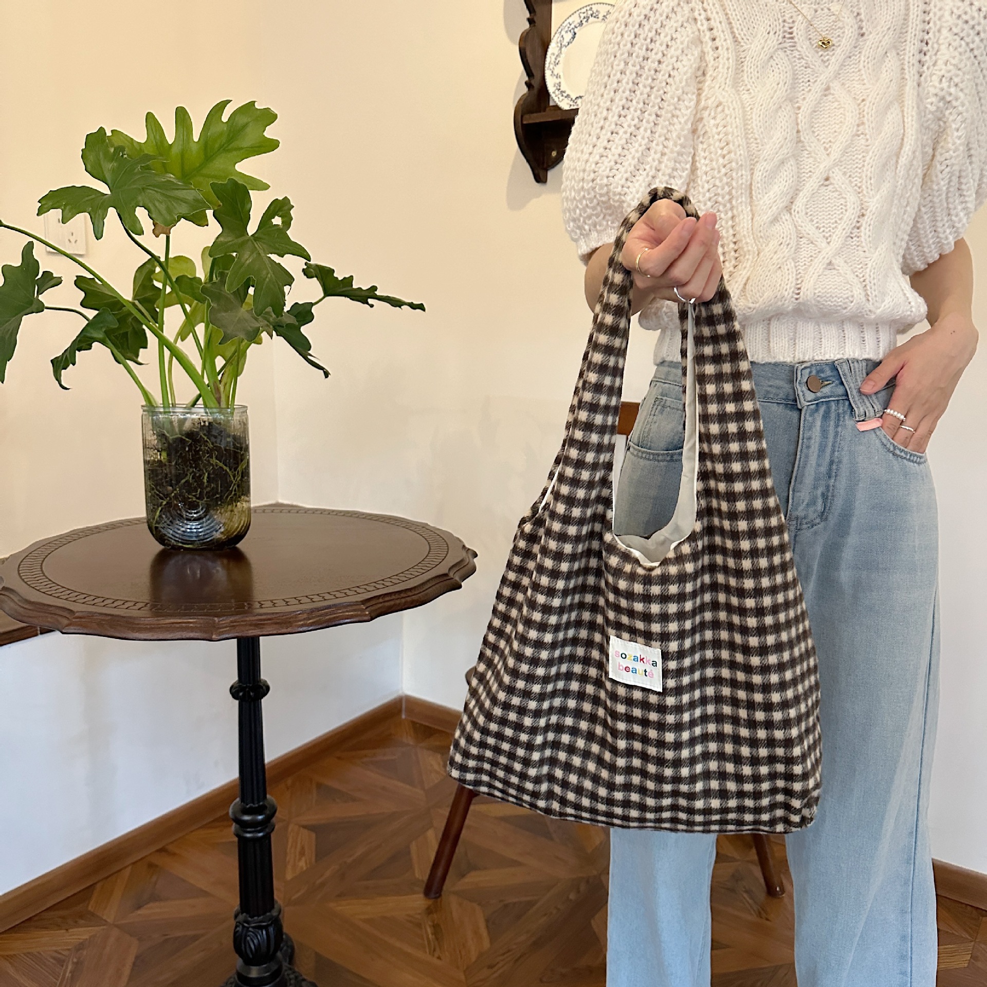 Pink Gingham Hobo Tote Bag Large Capacity Casual Shoulder Purse_voghion.com