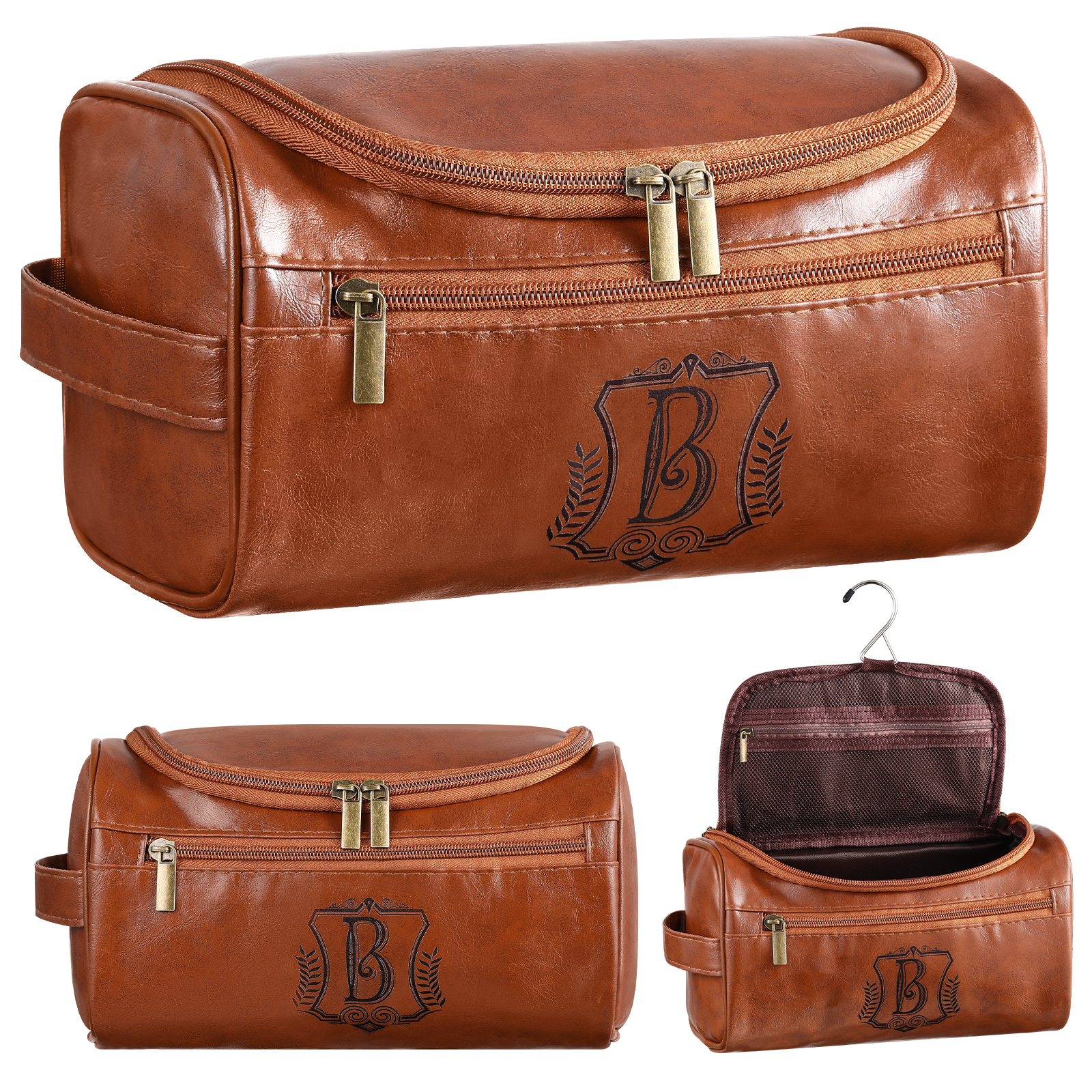 TEMU Men's Personalized Synthetic Leather Toiletry Bag & Travel With Initials/lettering - Suitable For Father Or Husband Gift, Side Handle & Hook
