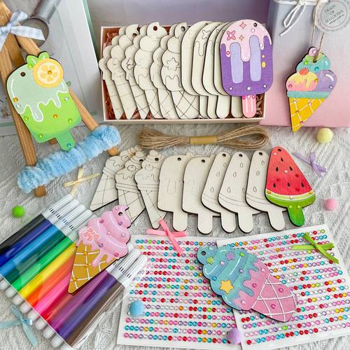süßes sommer-diy-bastelset für kinder ab 3 jahren – 24-teiliges set mit unfertigen holzornamenten inklusive 12 markern, 2 schmuckstein-aufklebern & 1 schnur – kreative malaktivität für kindergeburtstagsgeschenke, übernachtungspartys, schulkunstprojekte