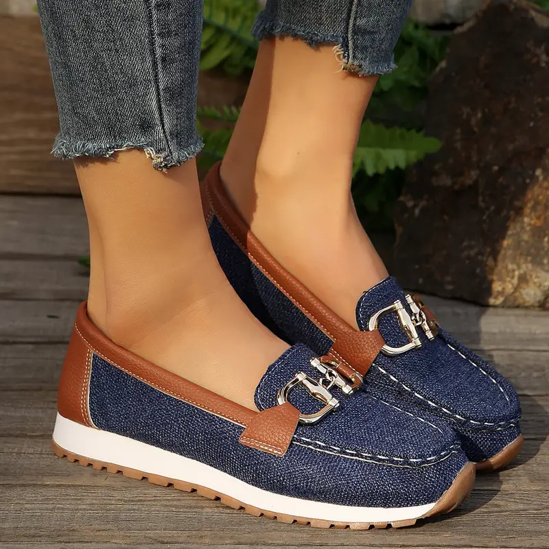 womens slip on loafers casual retro flat shoes with metallic cover upper breathable fabric lining rubber sole for navy white versatile footwear classic loafer design durable traction footwear details 1