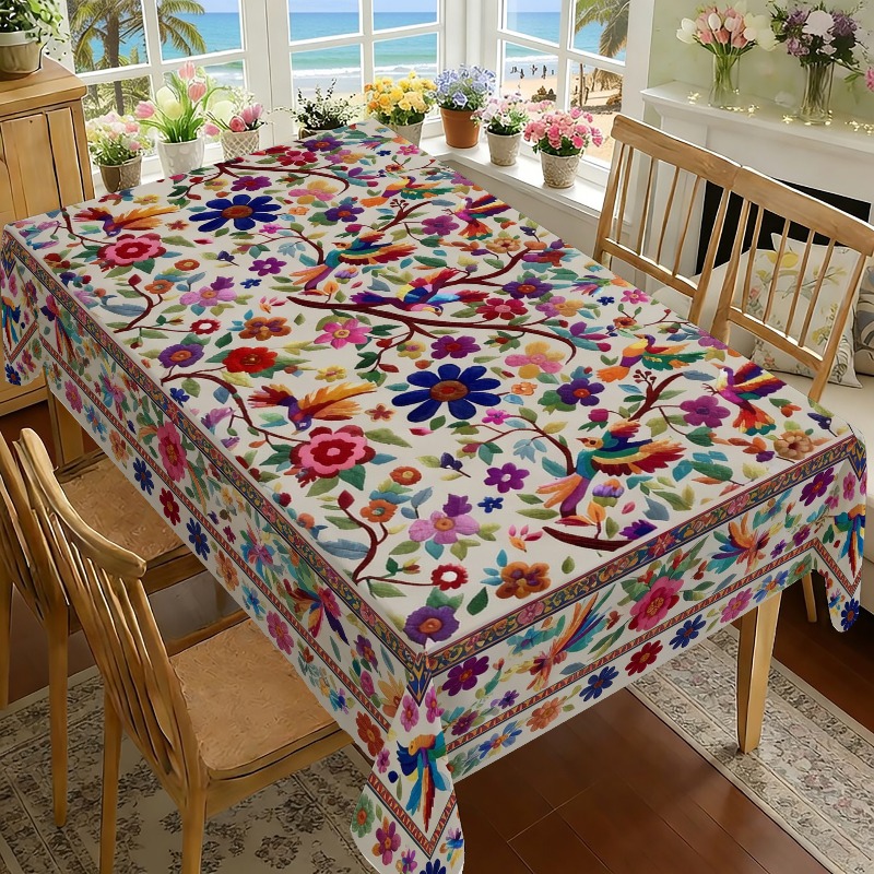 TEMU 1 mantel de bordada con flores y pájaros, impresión 2D, base beige con flores multicolores, colibríes y de estilo , estilo retro , y lavable,