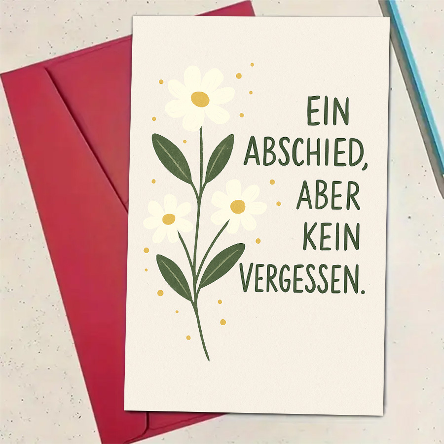 Image of 1 Farewell Sympathy Card With - German Quote "eine , Aber Kein Vermissen" (a Farewell, But No ), Featuring A Background Of Daisies And Green Leaves. Perfect For Saying Goodbye To Colleagues, , Or