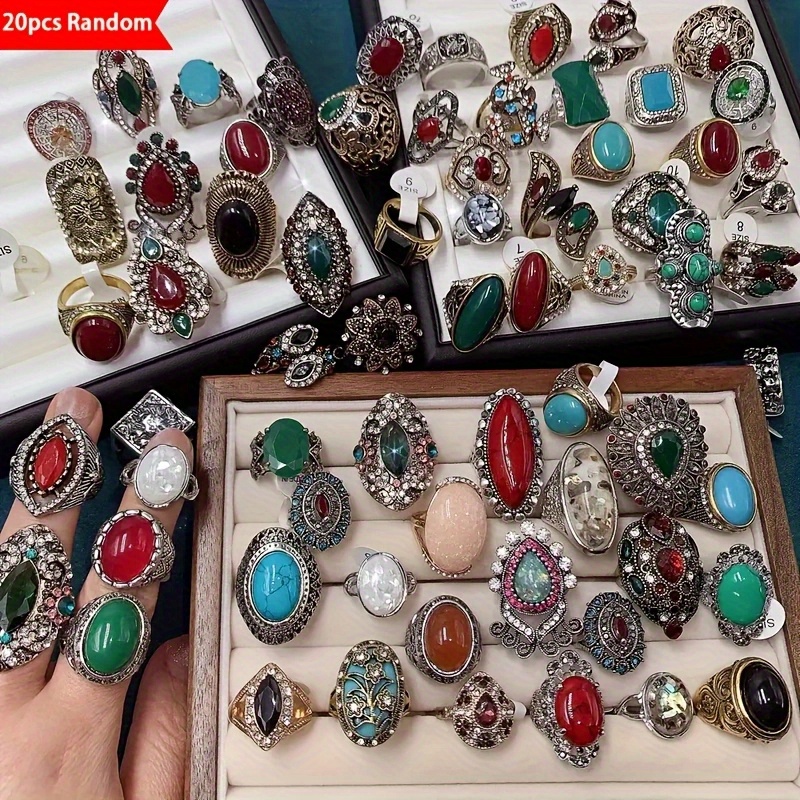 TEMU Christmas 20pcs Vintage & Elegant Ring For Men And Women - Mixed Designs With Synthetic Turquoise & Zirconia, Geometric Birthstone Rings -