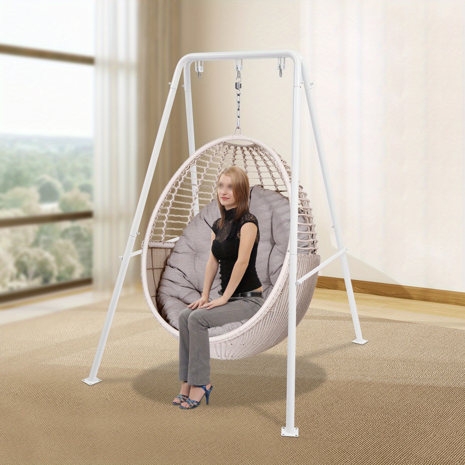 TEMU Hanging Chair Frame, Metal Hanging Chair Frame, Hanging Chair Frame For Indoor/ Outdoor Hanging Basket Rack White Hanging Chair Rack Is Suitable