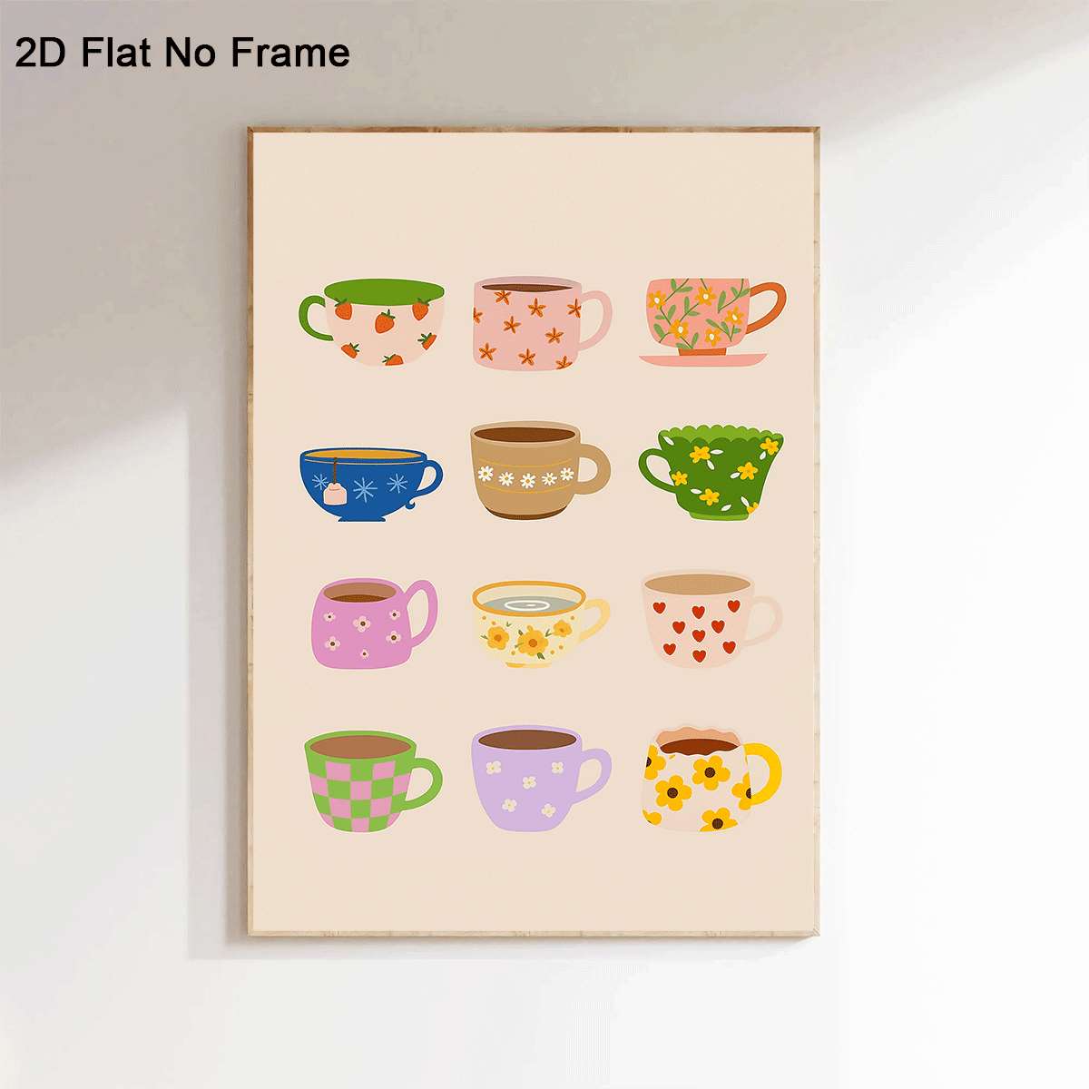 TEMU 2d Flat, 1pc Frameless Canvas Poster, Assorted Patterned Coffee And Tea Cups Illustration, Colorful Flowers, Hearts, And Geometric Designs, Wall