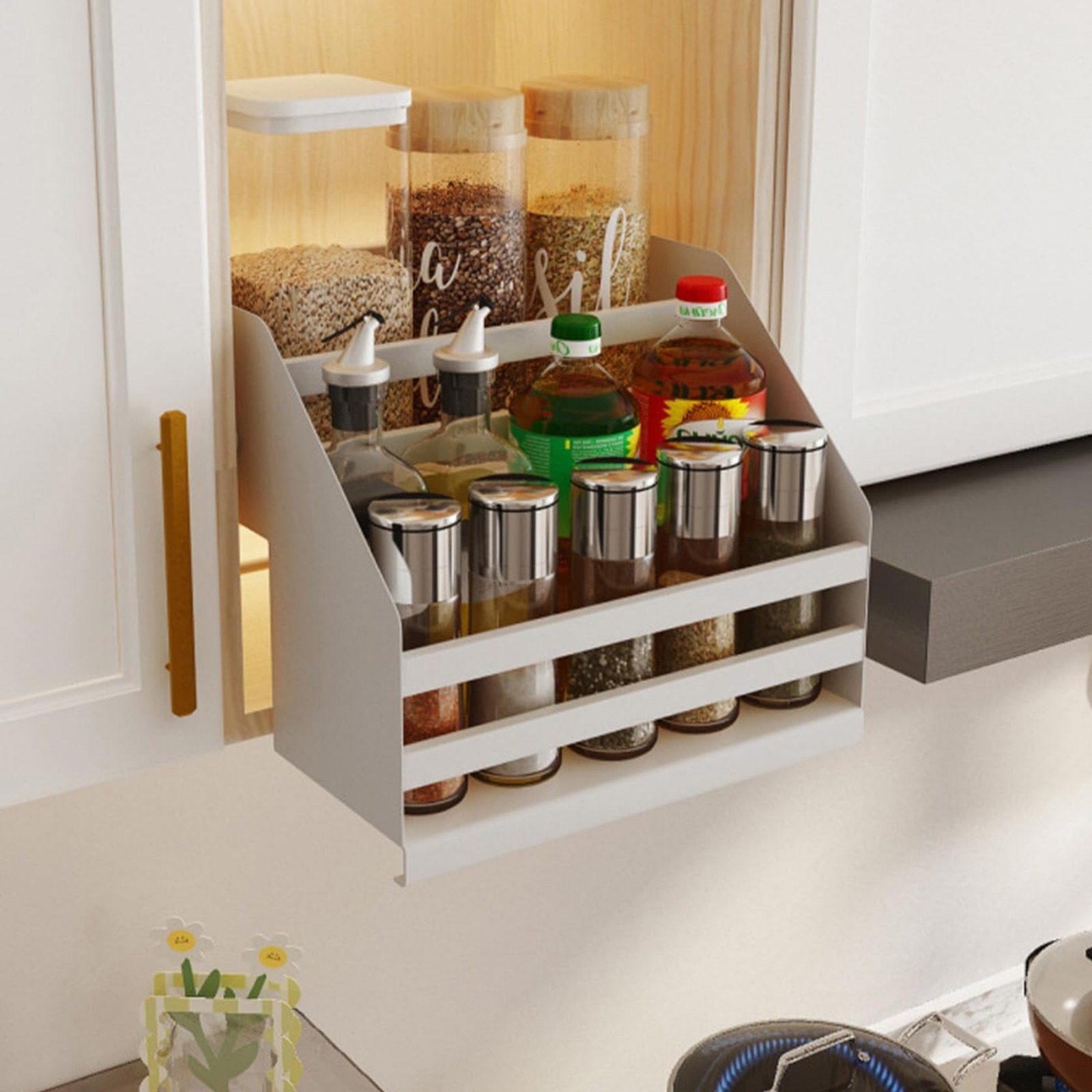 Awakesdream * 2-Tier Pull Down Cabinet Organizer - Stainless Steel Space-Saving Spice Rack with * Rails, Adjustable Shelves for Up