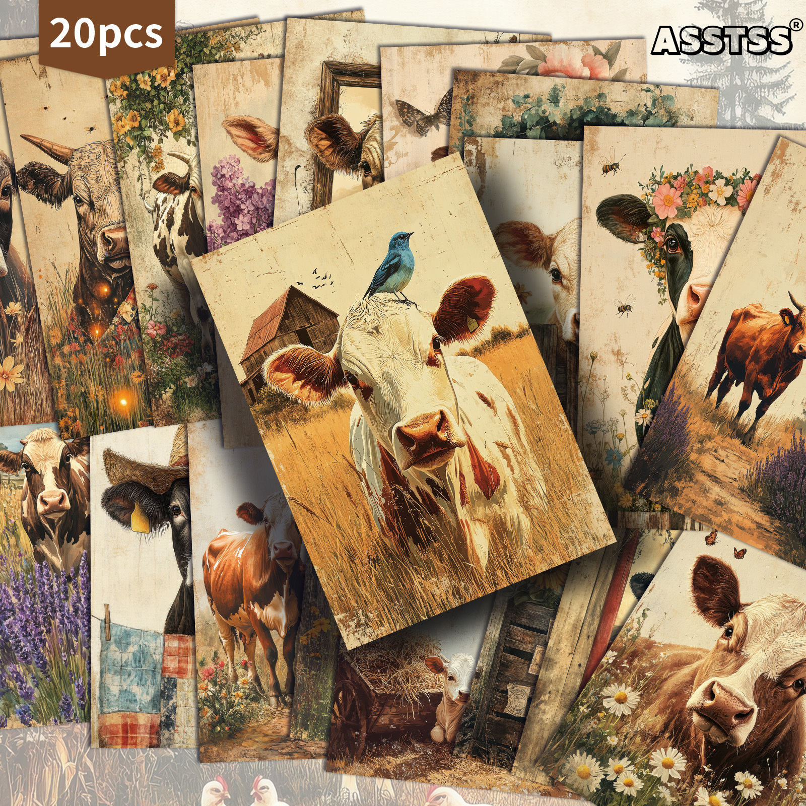 TEMU 20-pack Asstss Vintage Farm Cow Postcards - 4x6 Inches Retro Junk Journal Supplies, Classic Pinup Illustrations Collectible Decorative Painting