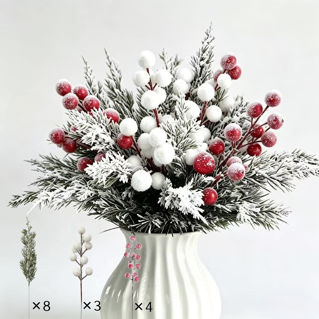 TEMU 15pcs (including 8pcs Cedar Branches And 3pcs White Berries And 4pcs Red Berries) Artificial Flower Bouquet, Delicate Snow-covered Craft