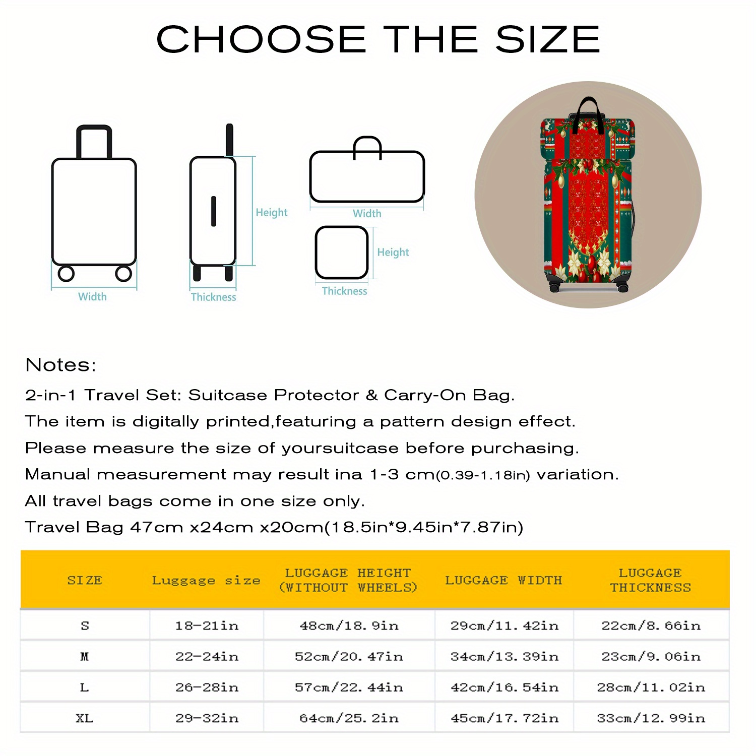 2pcs Christmas Printed Pattern Luggage Set with Travel Bag