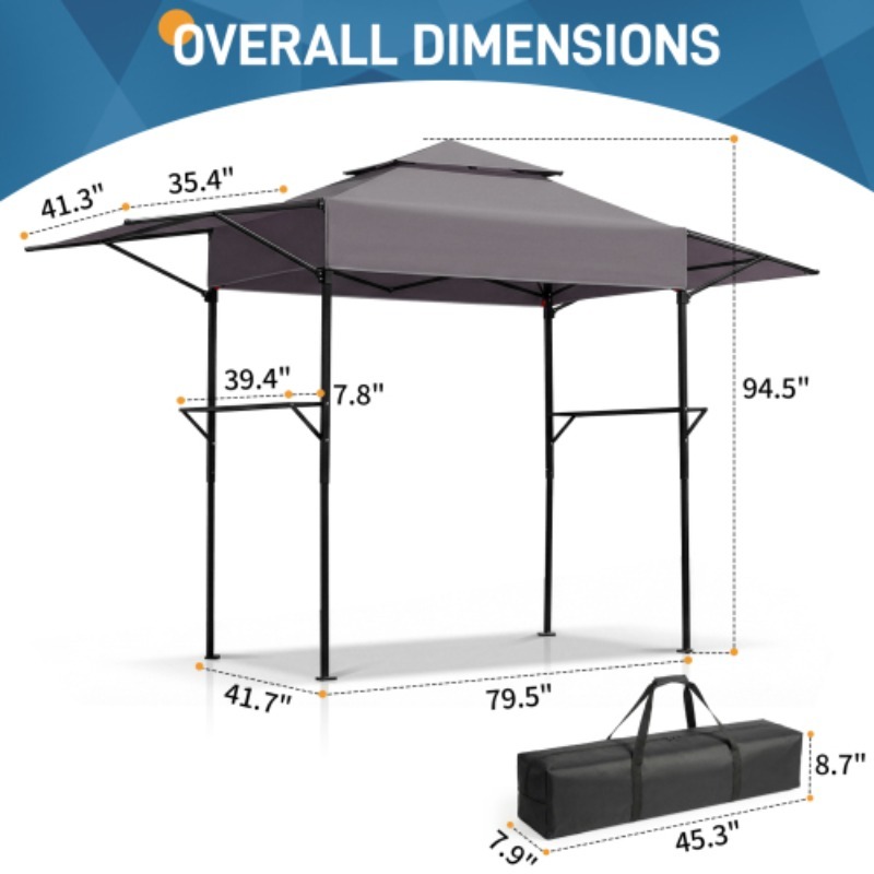 Image of 3.3x12.5ft/5x8ft Dark Gray Double-roof Bbq Grill Canopy, Foldable Black Powder-coated , Polyester Fabric, With Adjustable Side Sunshades & Mesh Trays, Carry Bag Included