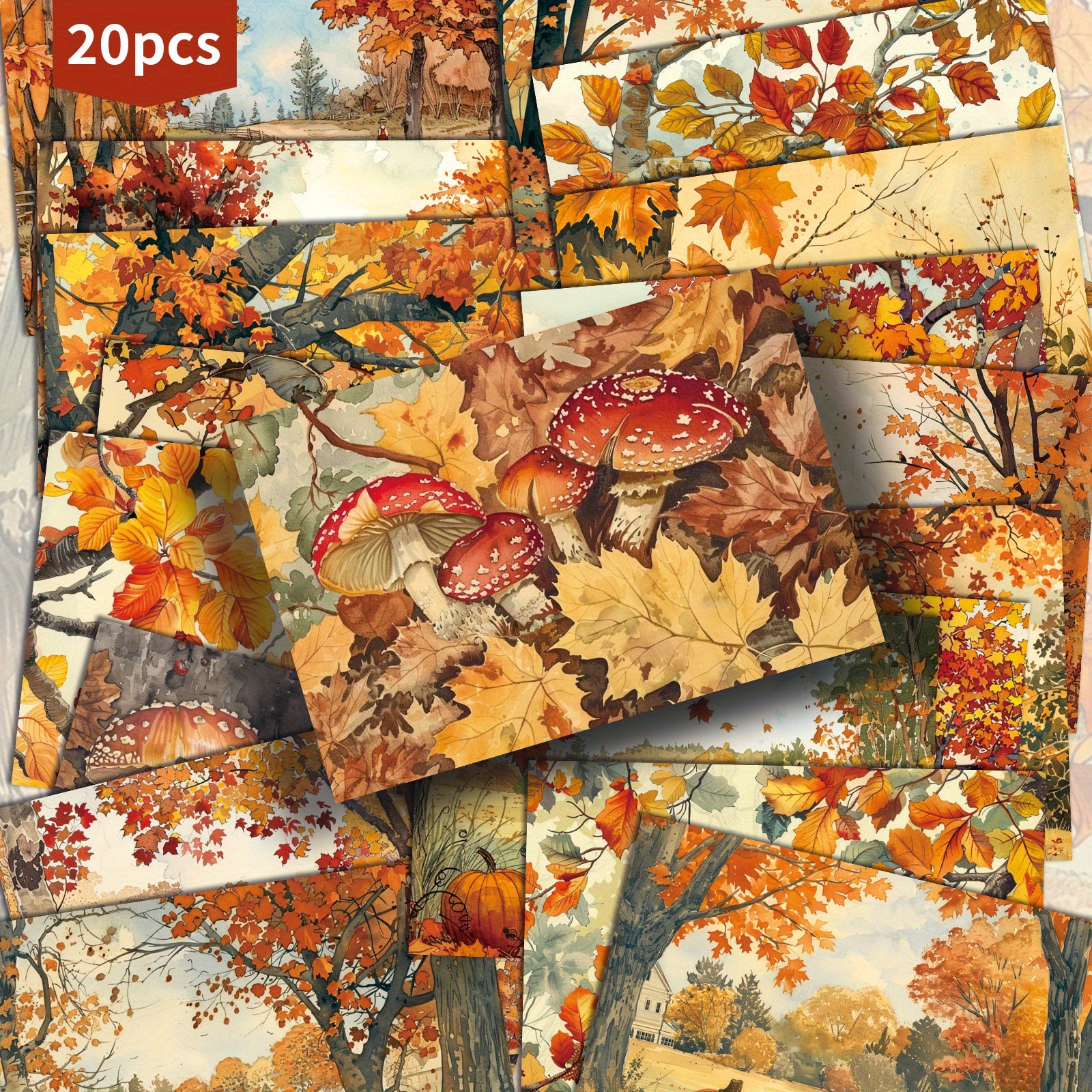 TEMU Set Of 20 Postcards Featuring Vintage Autumn Trees, Pumpkins, And Mushrooms - Measuring 4x6 Inches. Retro Illustrations Are Perfect For Junk