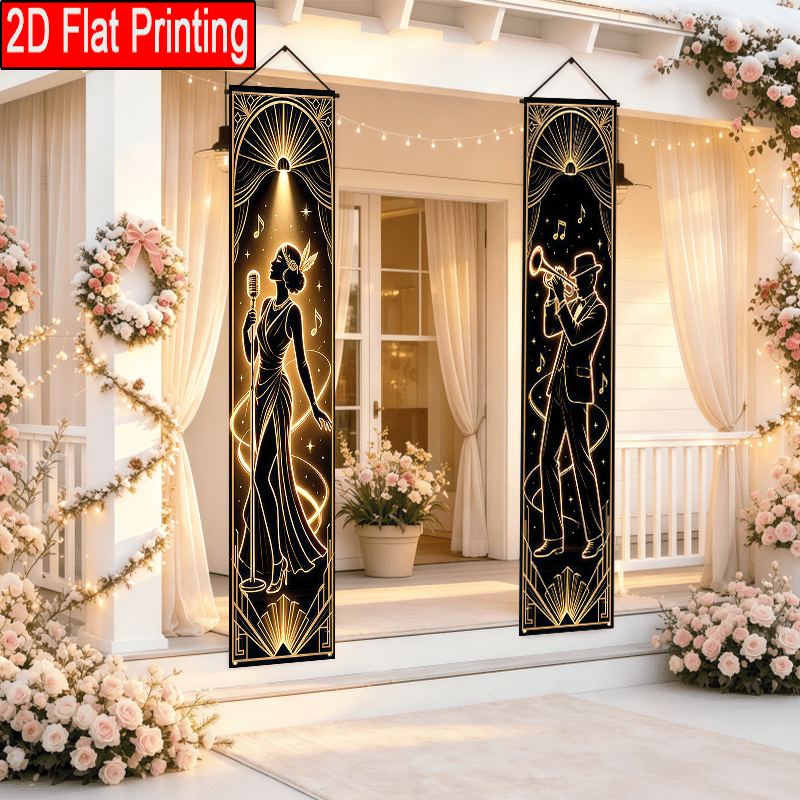 TEMU 2d Flat - 2d Flat - 2d Flat 2pcs Party Roaring 1920s Porch Banner Golden 1920s Retro Design Flag Outdoor Courtyard Lawn Decoration Without
