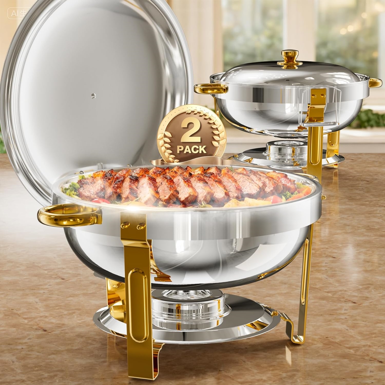 TEMU Ensemble Buffet à Chauffage, 6 Qt Pack de 1/2/4, Chauffe-plat en Acier Inoxydable avec 1/2/4 de Taille Complète, de Chauffage Rond pour Catering