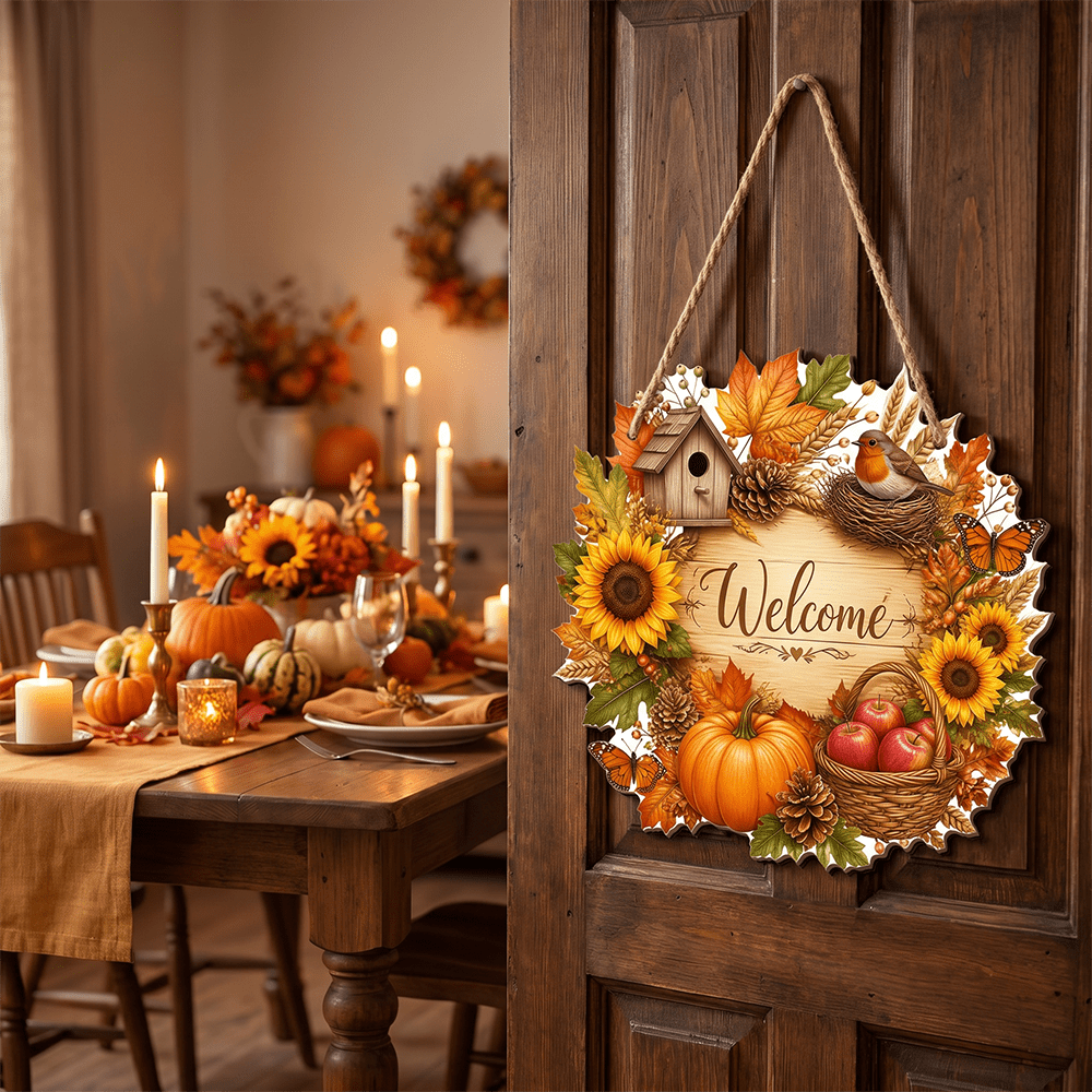 TEMU 2D Flat - Statuette da Decorazioni per il Ringraziamento, 2D Flat 1pz Cartello di in legno e decorativa, Cartello per porta con zucca, , foglia