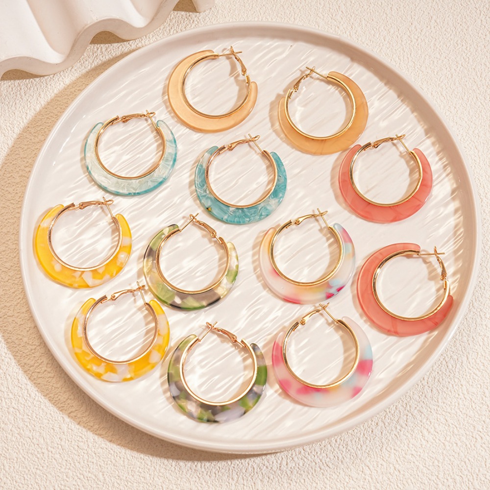 TEMU Random Colors European And American Cross-border Acetate Sheet Leopard Print Colorful Gradient Silvery Needle Hoop Earrings Unique Niche