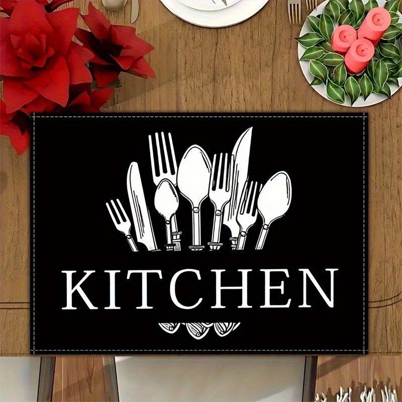 TEMU 4pcs Elegant Black & White Kitchen Placemats - Stylish Utensil Print Rectangular Linen Table Mats, Durable & Machine Washable For Home & Cafe