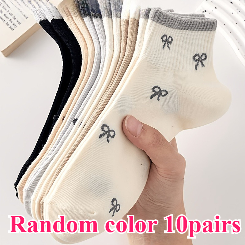 TEMU Lot de 10 paires aléatoires de chaussettes cheville à nœud papillon pour couple, motif unisexe , chaussettes cheville polyvalentes pour fille -