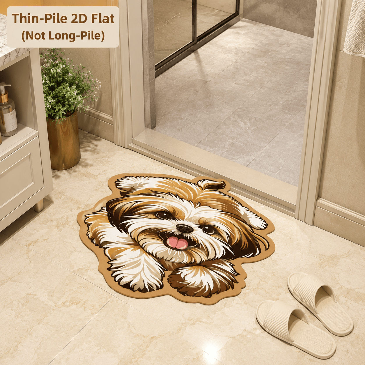 TEMU 1pc Velvet 850g/㎡ 9mm Bathroom Non-slip Mat, Thin Plush 2d Printed Non-long Pile, Cartoon Shih Tzu Dog Light Brown Irregularly Shaped Rug,