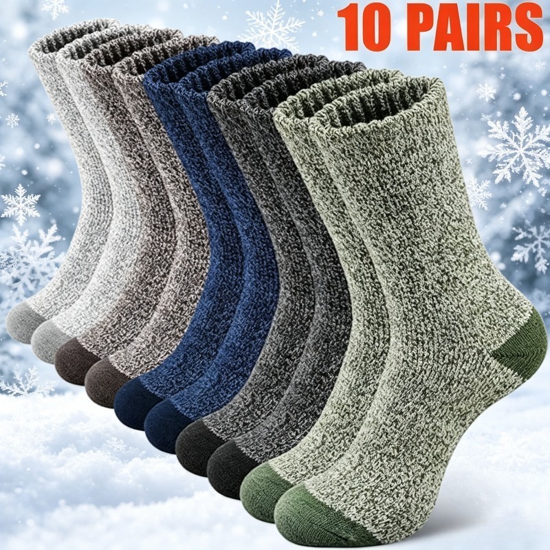 TEMU 10 Pairs Men's Thick Cold-proof Mid-calf Socks Random Colors, Thick Knit Fabric With Lace Elastic Loose Cuff, Skin-friendly And Breathable,