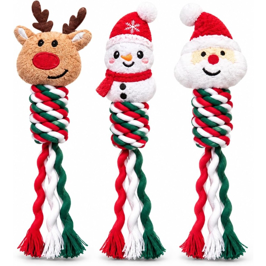 TEMU 3 Pack Christmas Squeaky Rope Toys For Dogs, Reindeer Snowman Santa