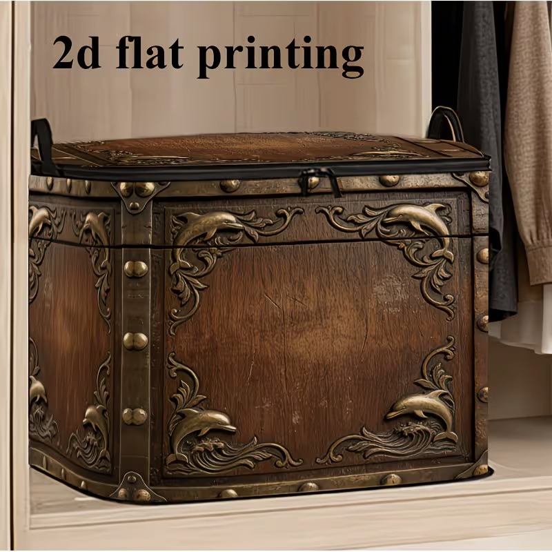 TEMU 2d Flat 1pc Upgraded Large Capacity Lid-style Storage Box, Retro Carved Box Detail Storage Organizer Container - Clothing, Blankets, Pillows