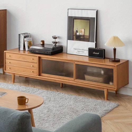 North America FAS Grade Solid TV Cabinet With Chinese Changhong Glass Doors Two Drawer Storage Standing