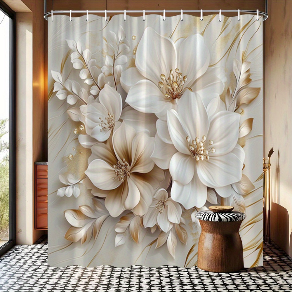 TEMU 1pc Elegant Floral Shower Curtain With White & Golden Accents On Cream Background - Luxurious Botanical Bathroom Decor, Large 70.8x70.8 Inch