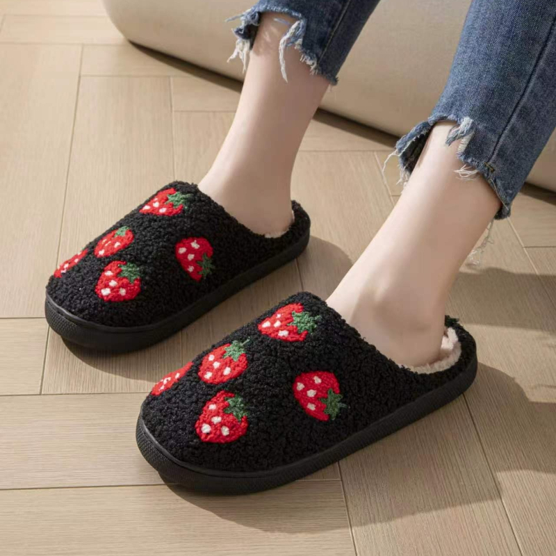 Image of Women's Cute Strawberry Pattern Fuzzy Closed Back Slippers Plush Lined Indoor Footwear, Women Shoes