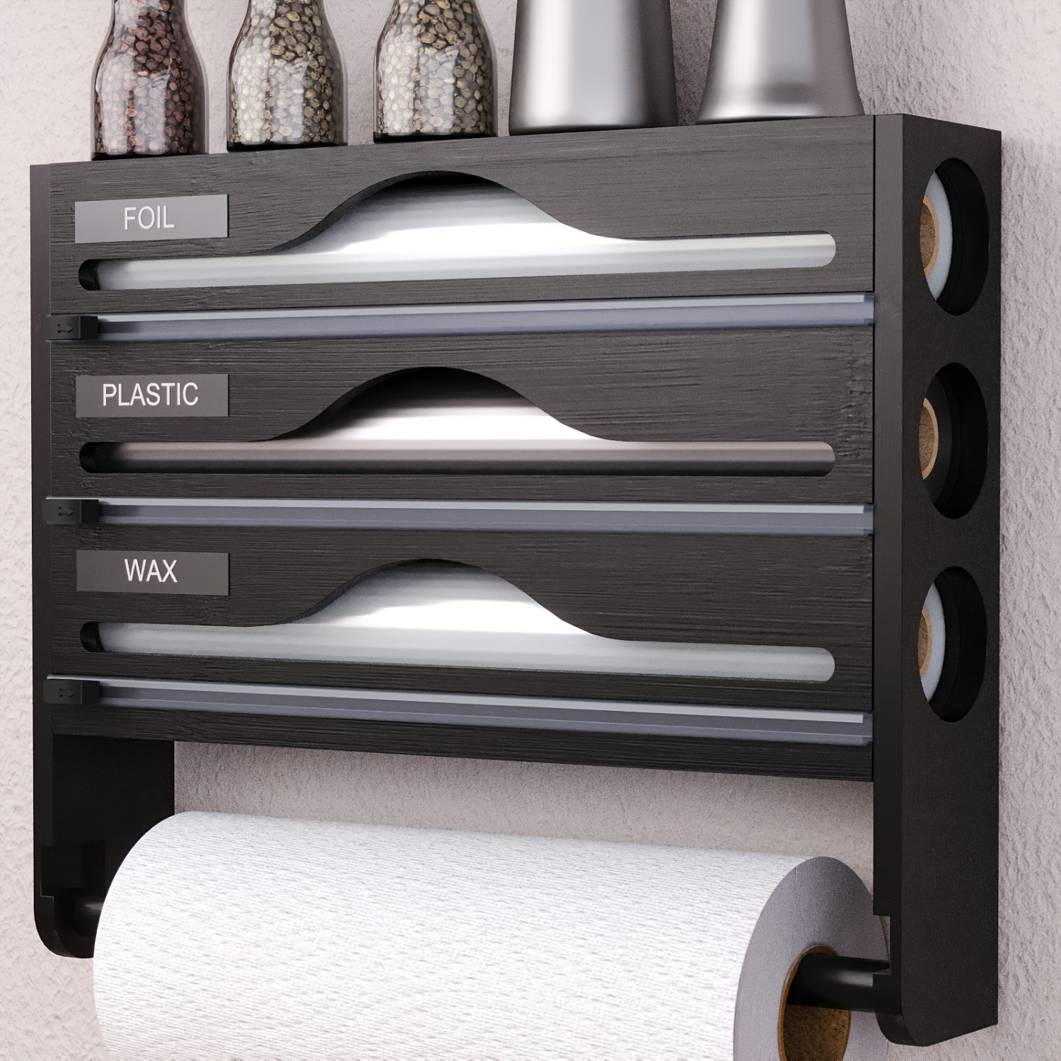 3-section Bamboo - Kitchen Organizer With Paper Towel Holder, Cutter, And Storage Rack - Foil, Plastic Wrap, Wax, And Additions Storage