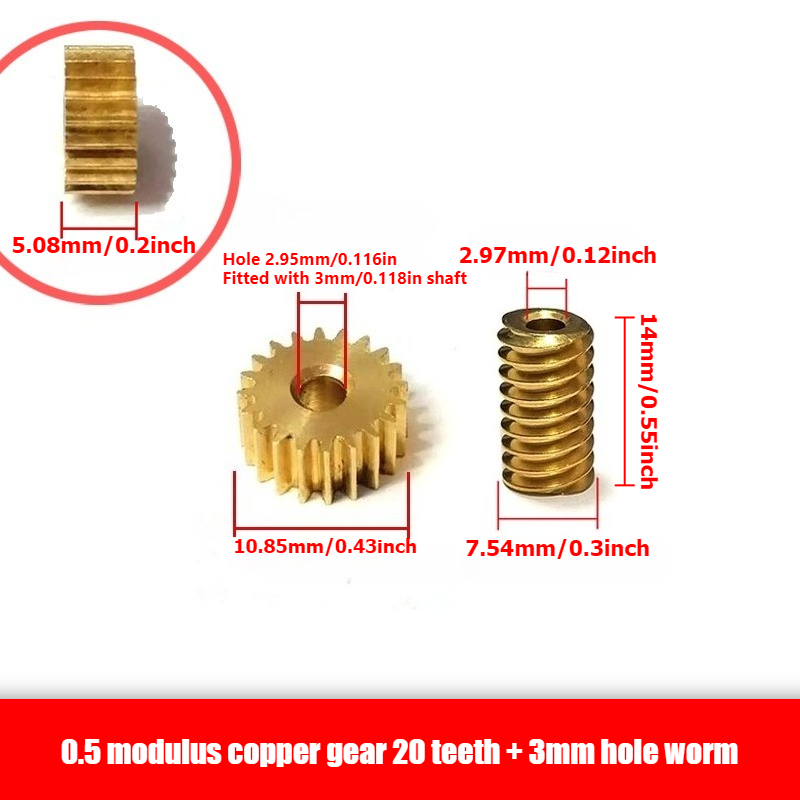 1 vnt. 0,5 modulio 3 mm skylės varinis pavaros komplektas + 1 vnt. 3 mm skylės sliekinės pavaros komplektas