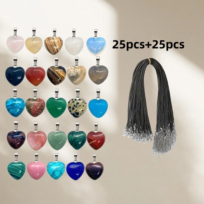 Image of 50pcs Assorted Crystal Heart Pendant Set With Black Leather Necklace - For Jewelry Making, Ideal Daily Gift (25pcs Pendants And 25pcs Chains)