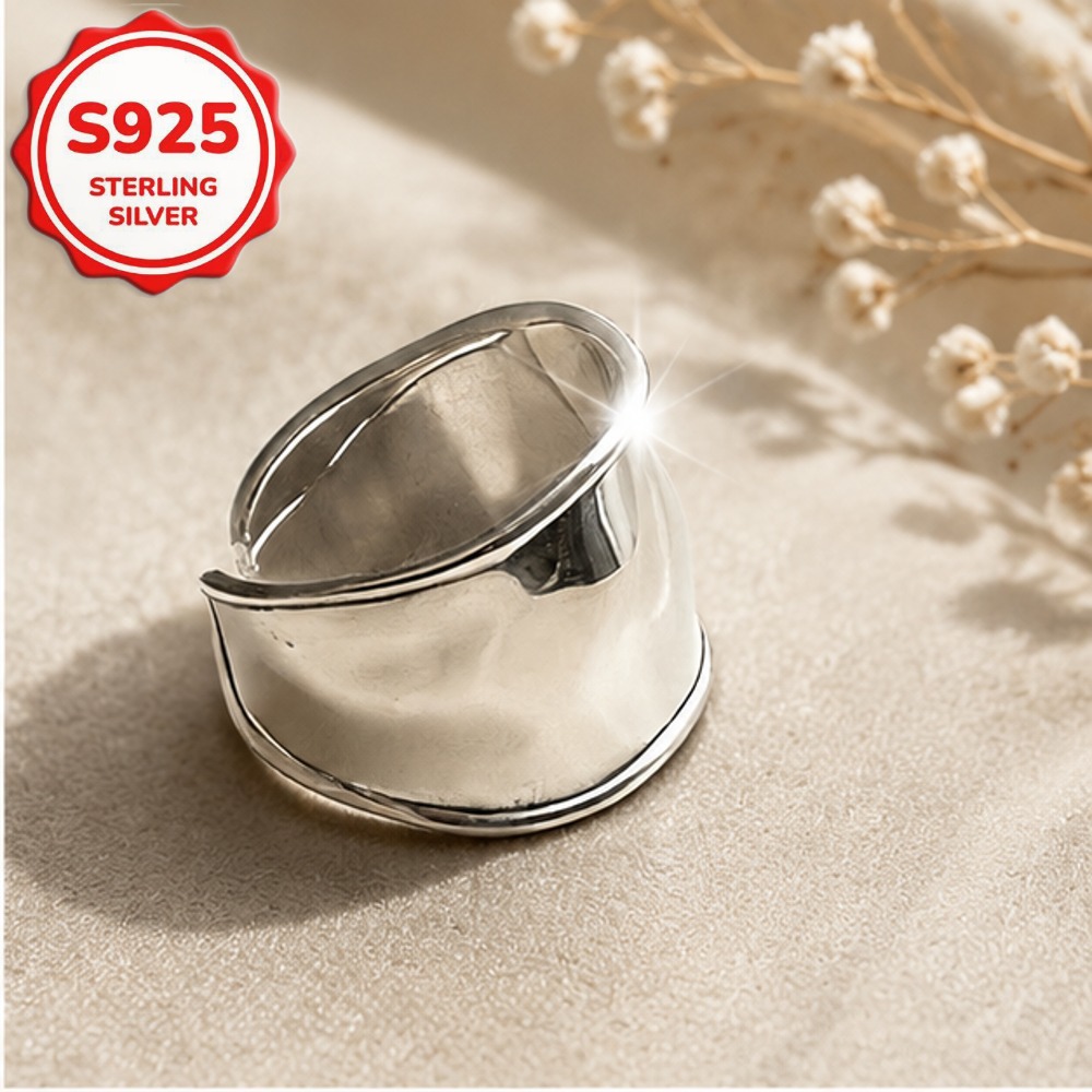 S925 Silver Wide Flat Adjustable Open Ring — Everyday Wear
