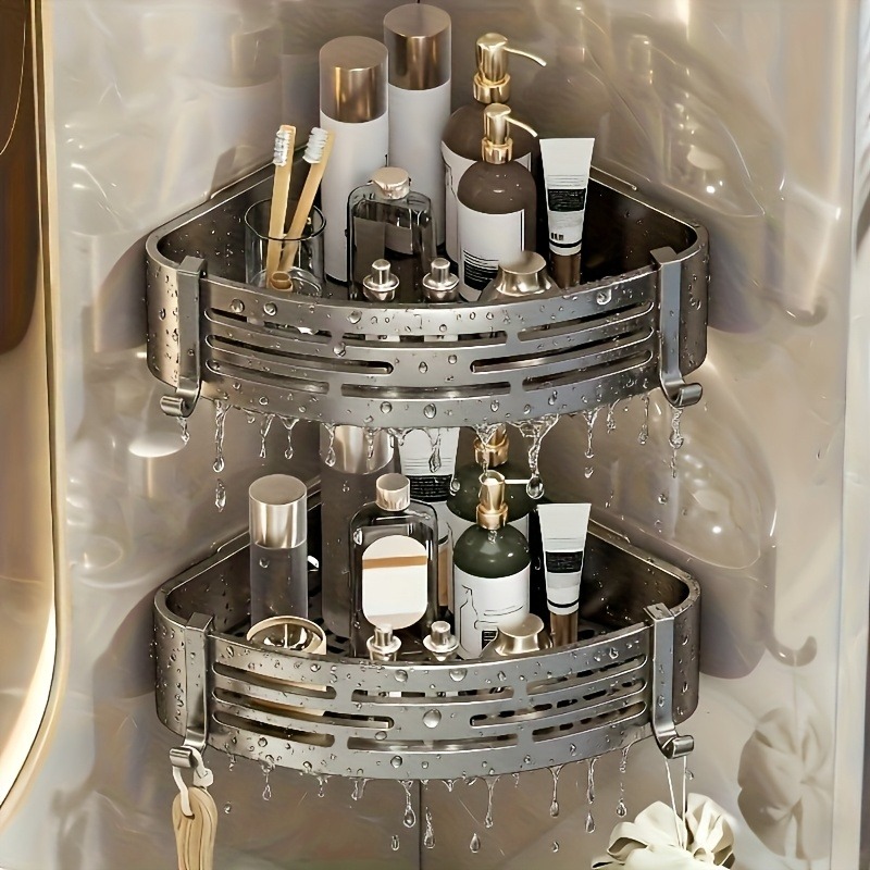 2pcs No-drill Corner Shower Shelf Wall-mounted Triangular Bathroom Organizer For Shampoo Soap Storage