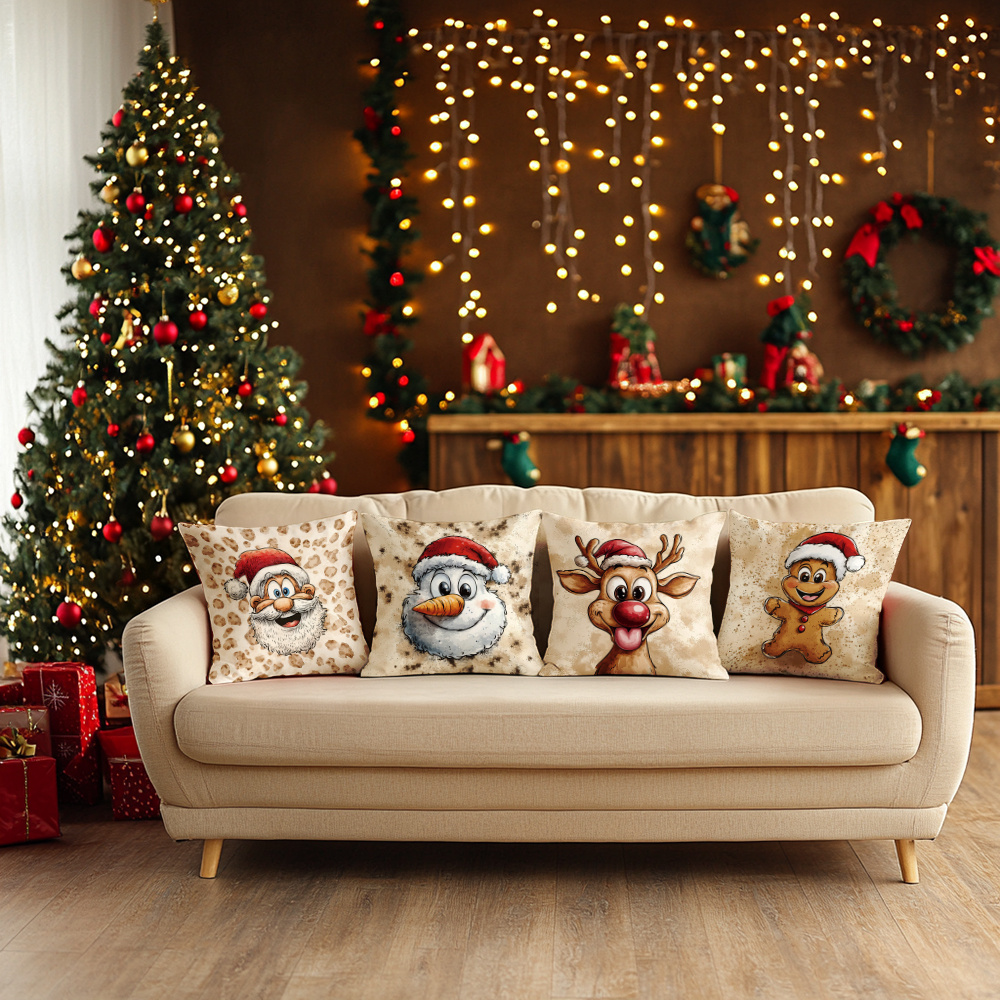 TEMU 4pcs Christmas Pillow Covers, Exquisite Minimalist Santa, Snowman, Reindeer, Gingerbread For Man Cartoon Fun Patterns, Great Christmas Gift, A