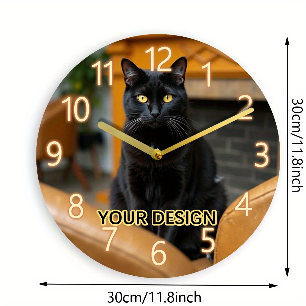 TEMU A Personalized Wall Clock Featuring Photos And Logos, With An Elegant Image Of A Black Cat. It Has A Custom Surface And Wooden Print, Making It