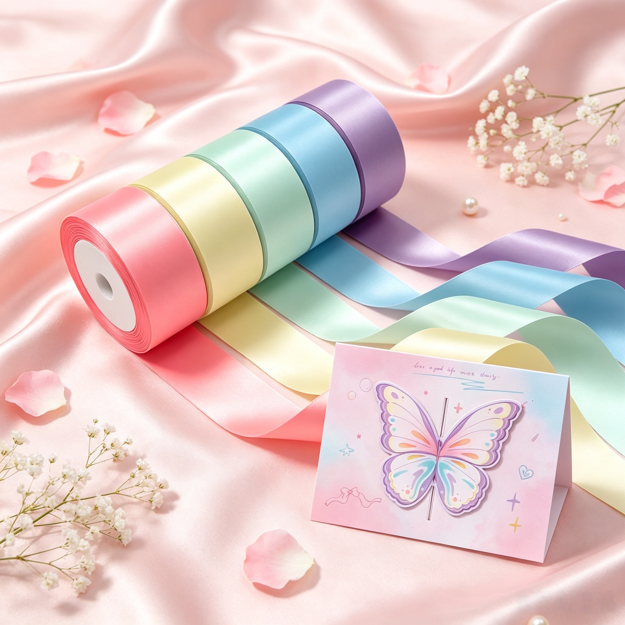 TEMU 48.5-yard Ribbon Set With Greeting Cards, 2.4 Cm Wide Single-faced Satin Ribbon With A Glossy Satin End, Suitable For Wedding Invitations, Gift