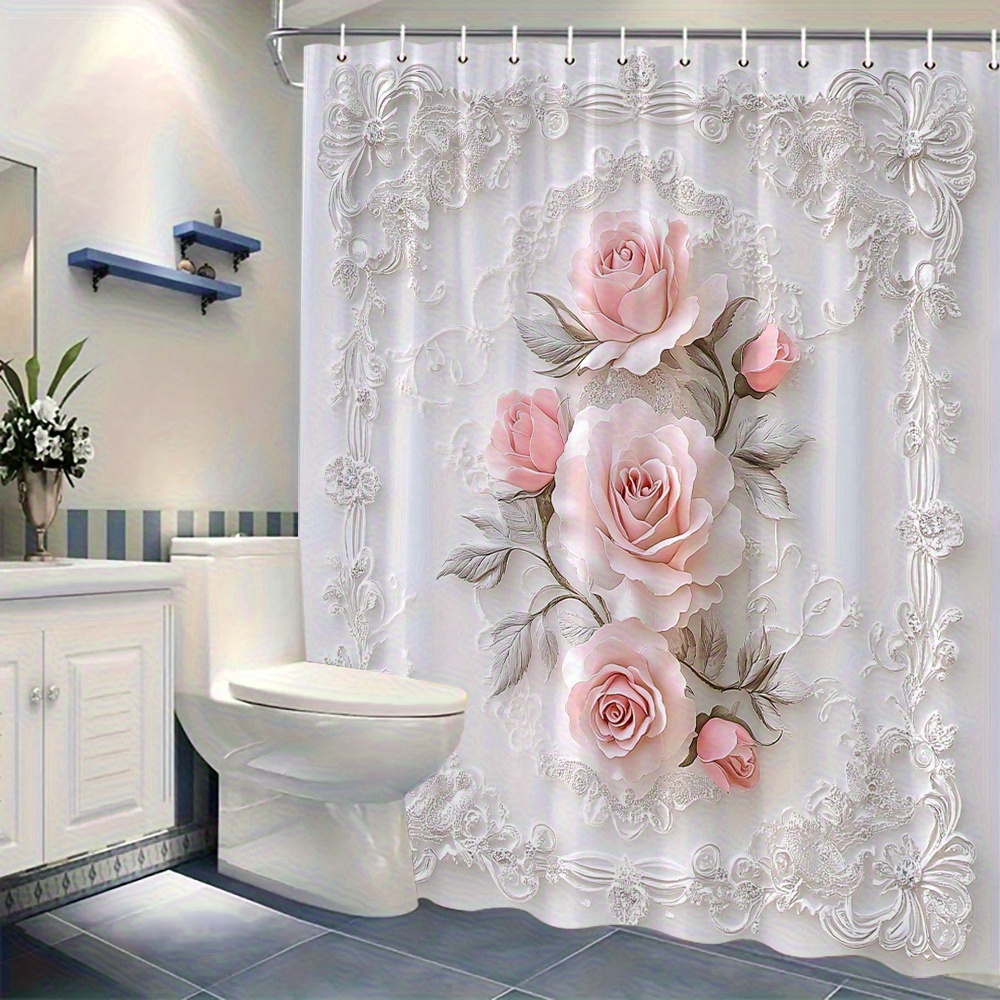 TEMU An Elegant Shower Curtain With Silvery Leaves And Lace Pattern- Romantic Vintage In Light Tones, 70.86x 70.86inch Cm, Comes With 12 Hooks, Home Decoration Or As A Gift, Suitable For Bathrooms
