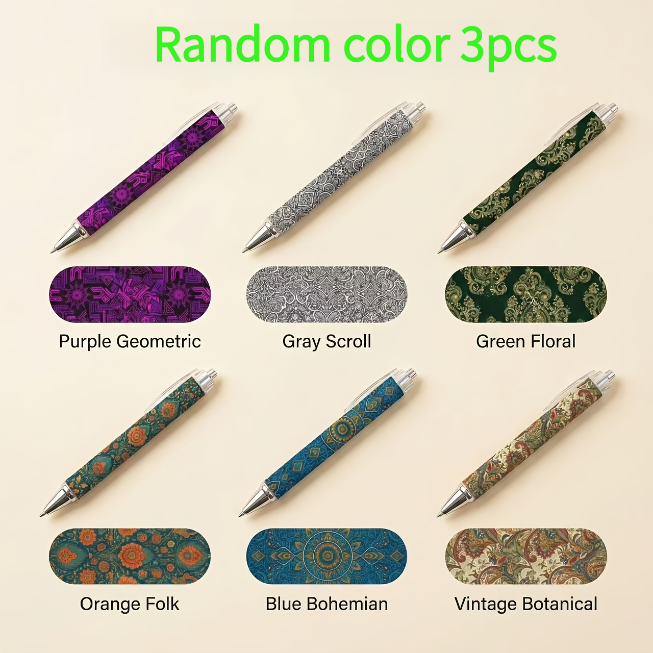 TEMU 3pcs In Unique Bohemian-style Colors, With Iconic Elements Artfully Integrated Pen Body, Making It A Portable . The Design Features A Rich,