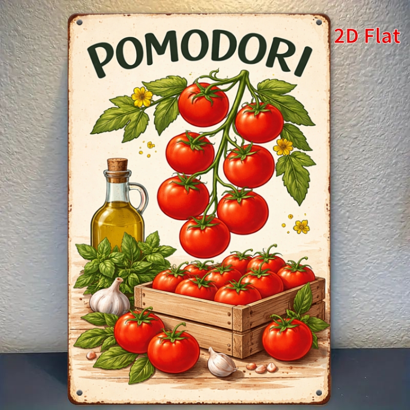 TEMU Plat 2D, [2Dflat] 1 pièce 30x20cm - Panneau en métal vintage italien Pomodori, décoration murale rétro de cuisine tomate et basilic, plaque en